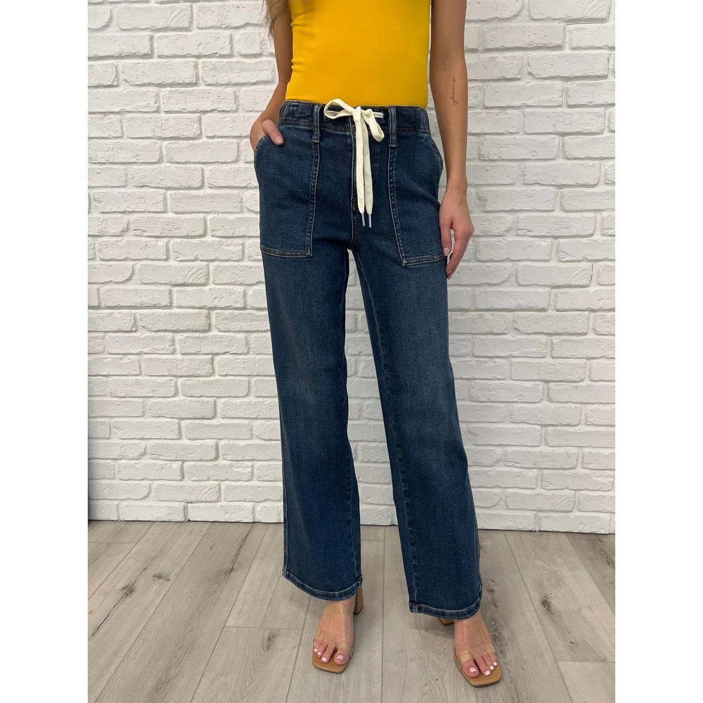 Judy Blue High Rise‎ Wide Leg Jeans Dark Wash Drawstring Waist Utility Pants XS